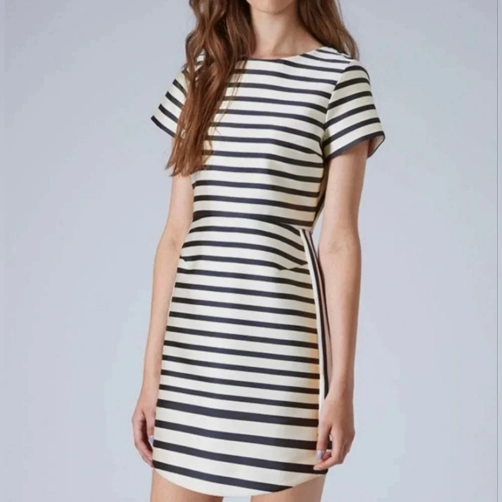 Topshop White & Green Striped Satin Structured Short Sleeve Mini Dress, Sz 12.